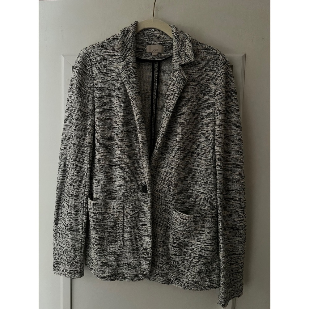 LOFT Womens Black White Marled Knit Blazer Jacket Single Button Size 2